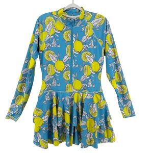 NWT Uniquebella Womens Blue Lemon Print Long Sleeve Swim Dress Size Lg Half Zip